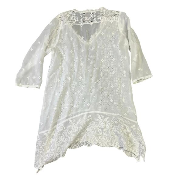 Johnny Was | Medium | White Lace Embroidered Eyelet 3/4 Sleeve Tunic Cover-Up - Picture 8 of 11